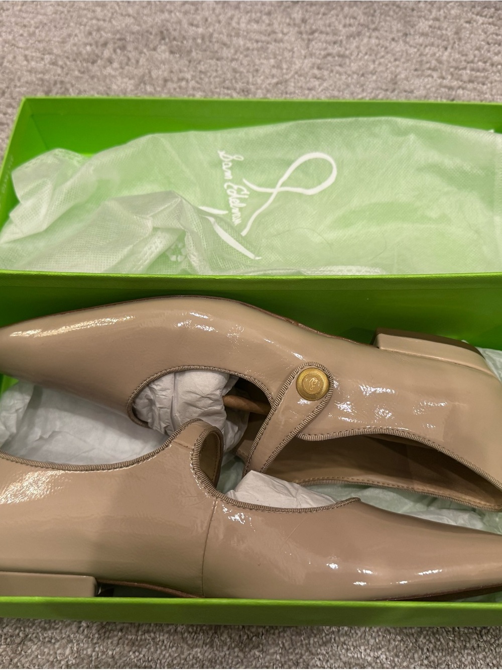 Sam Edelman Jene, Chai Patent Leather Pointed Toe Flats with Button Strap